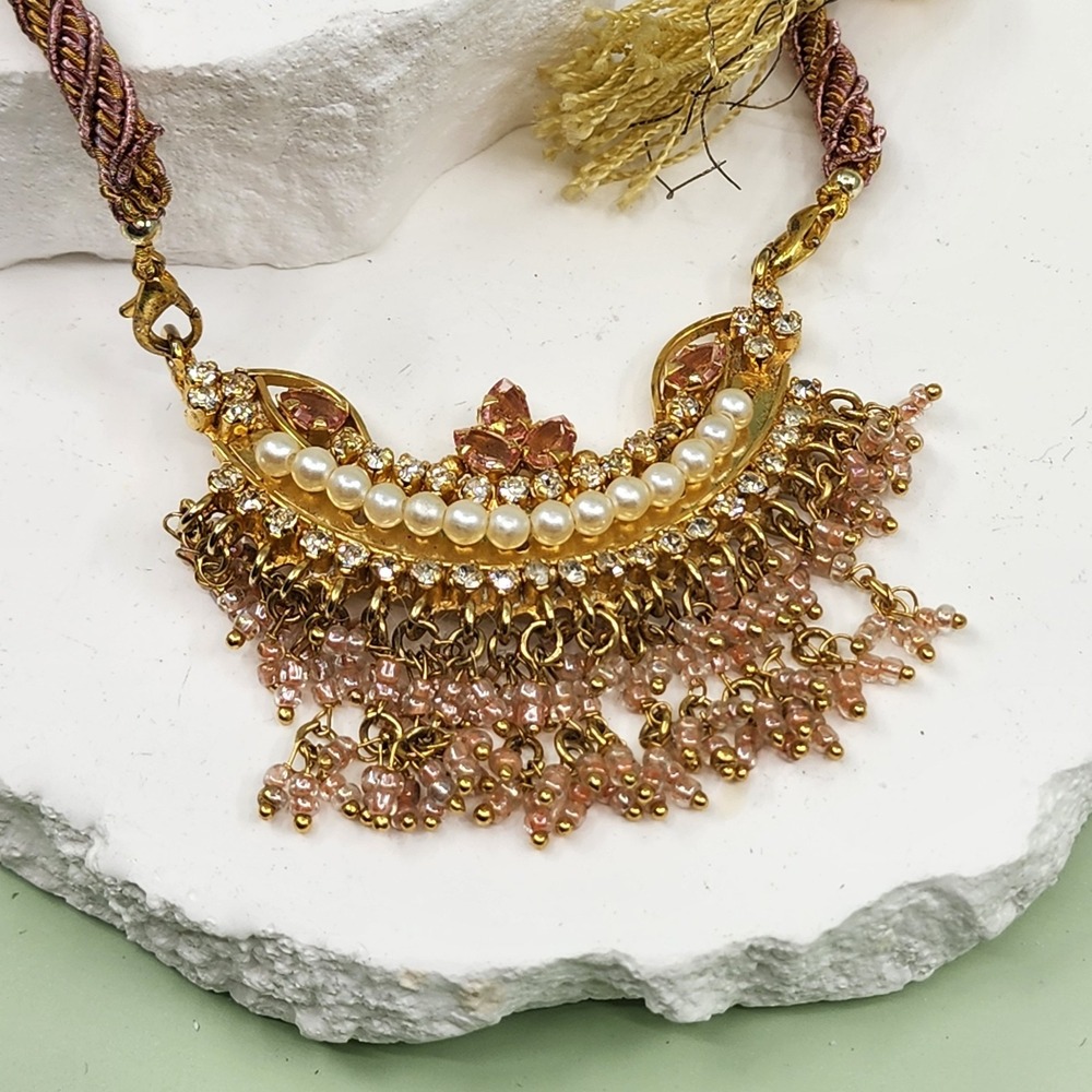 Pink Faux Pearl Rhinestone Beaded Fringe Bib Necklace Gold Tone Boho Statement